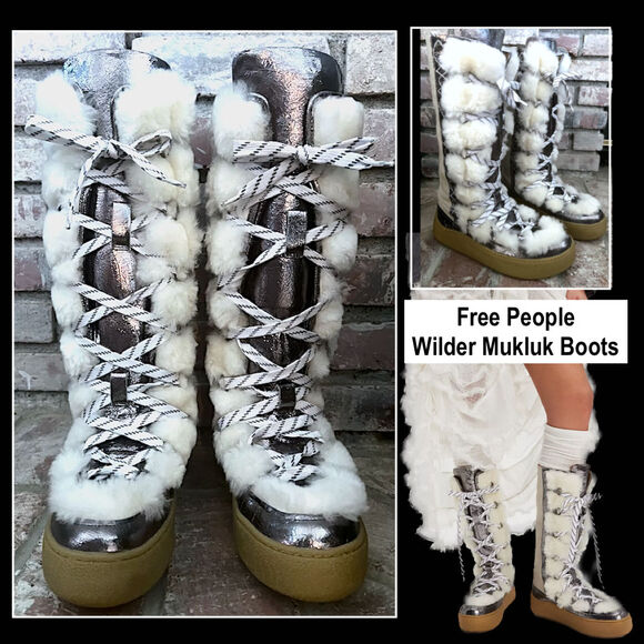 Free People Wilder Mukluk Boots Artic Fox Combo Leather Fuzzy Metallic Size 9 - Picture 1 of 10